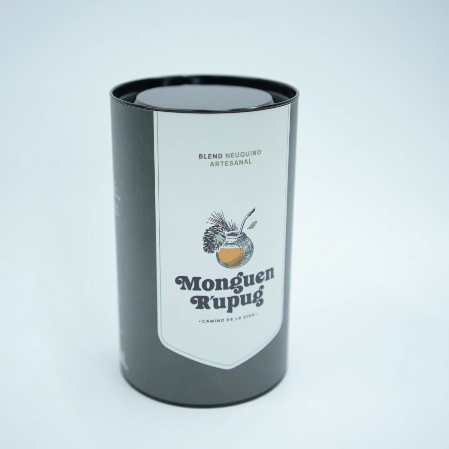 Envase Mongüen Rupüg con ploteo en lona mate gris y crema